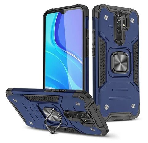 Противоударный чехол для Xiaomi Redmi 9 синий с пластиной для магнитного автодержателя и кольцом подставкой / чехол с держателем на палец для Сяоми Редми 9
