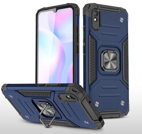 Противоударный чехол для Xiaomi Redmi 9A синий с пластиной для магнитного автодержателя и кольцом подставкой / чехол с держателем на палец для Сяоми Редми 9А
