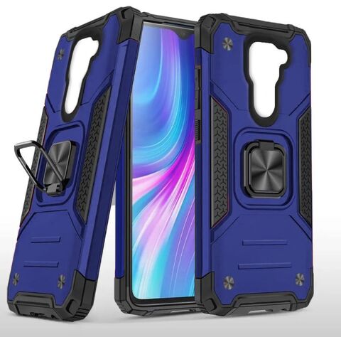 Противоударный чехол для Xiaomi Redmi Note 9 синий с пластиной для магнитного автодержателя и кольцом подставкой