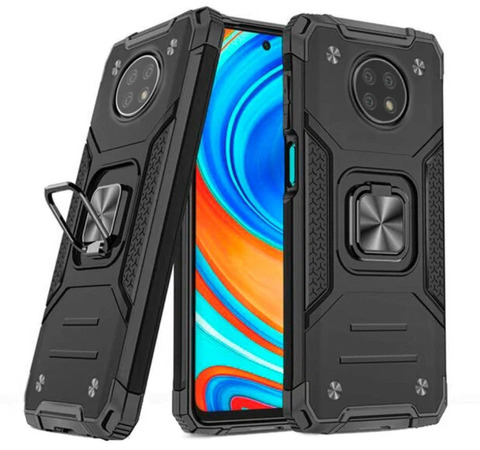 Противоударный чехол для Xiaomi Redmi Note 9T черный с пластиной для магнитного автодержателя и кольцом подставкой / чехол накладка для телефона Сяоми Редми Ноут 9Т трансформируется в подставку / чехол с держателем на палец