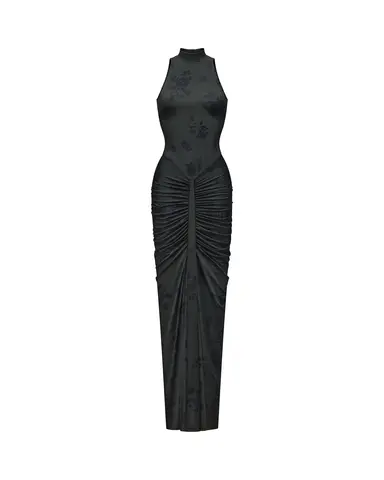 Иви макси (Ivy maxi), платье макси из темно-зеленого бифлекса с черными цветами