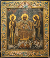 Спас Великий Архиерей Деисус (Деисис). Иисус Христос с Божией Матерью и Иоанном Предтечей. Деревянная икона на левкасе