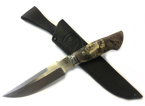 Нож подарочный Турист, Bohler S390, стаб. карельская береза, литье мельхиор
