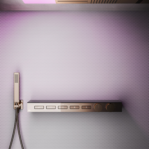 Gessi Hi-Fi 63028#030 Термостат для душа, с вкл. до 5 источников одновременно (внешняя часть), с полкой из черного мат. стекла, цвет: Copper PVD
