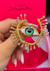 Крупная брошь ГлАЗ (EYE Green) с эмалью в стиле Schiaparelli