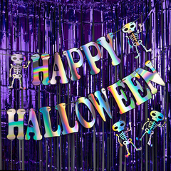 Гирлянда Happy Halloween, Скелеты, Серебро, Голография