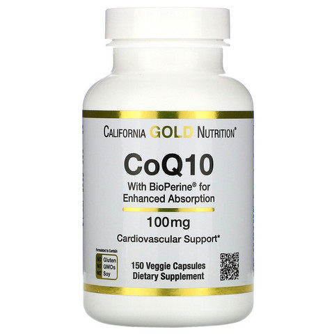 California Gold Nutrition, Коэнзим Q10 фармацевтической степени чистоты с экстрактом Bioperine, 100 мг, 150 растительных капсул