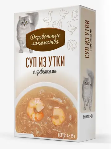 Деревенские лакомства консервы для кошек «Суп из утки с креветкой», пауч 35г*4 шт