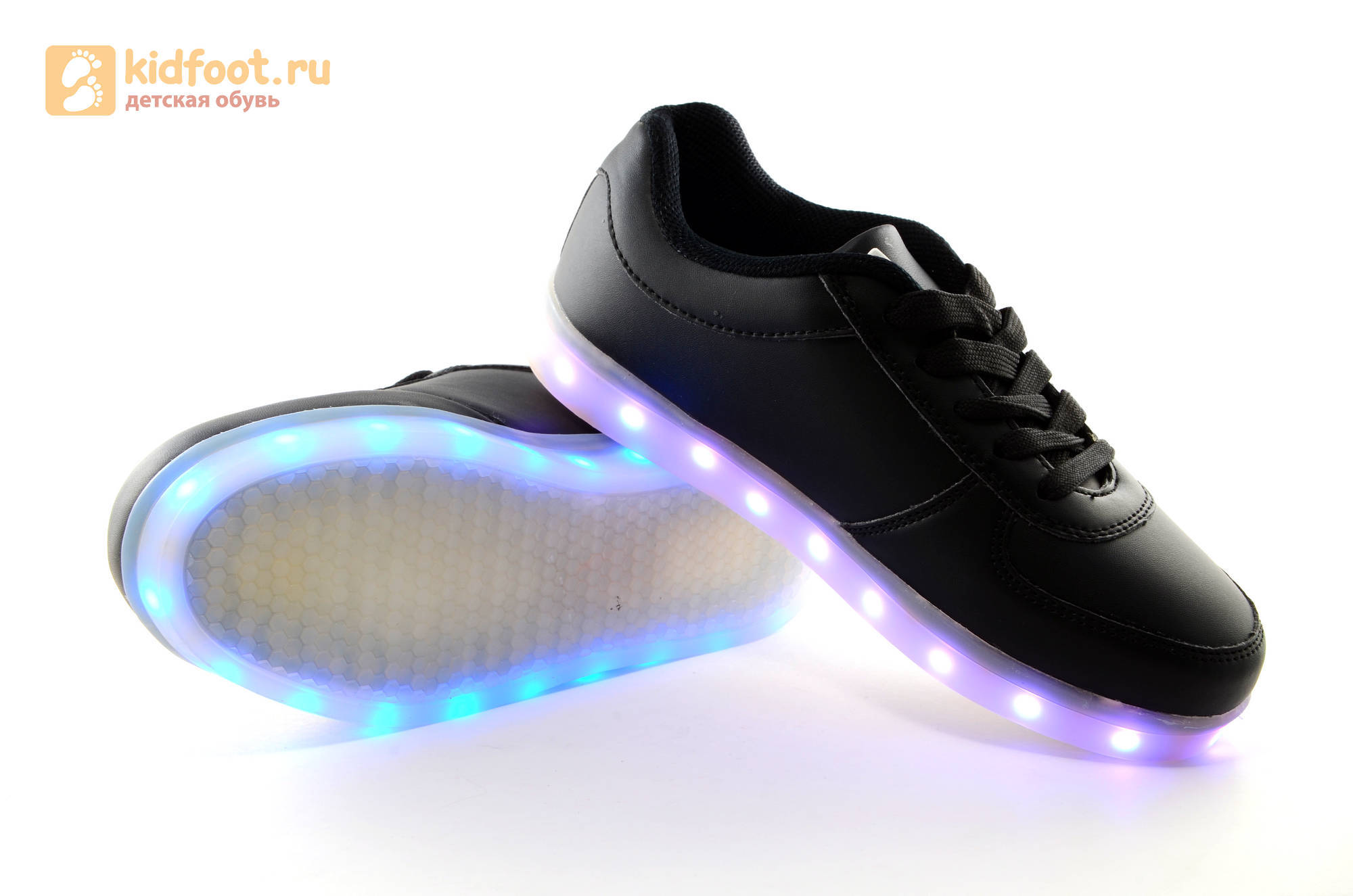 Светящиеся кроссовки с USB зарядкой Fashion (Фэшн) на шнурках, цвет черный, светится вся подошва