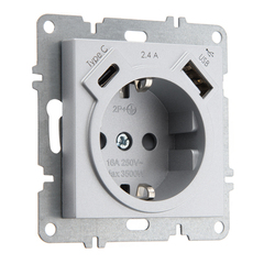 Розетка с заземлением ARVIA Electric, со шторками, 16А 250В, с устройством зарядным USB (A+C) 5В 2.4А, металлик 50032000301