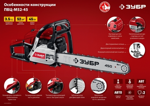ЗУБР 52 см3, 45 см, бензопила (ПБЦ-М52-45)