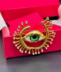 Крупная брошь ГлАЗ (EYE Green) с эмалью в стиле Schiaparelli