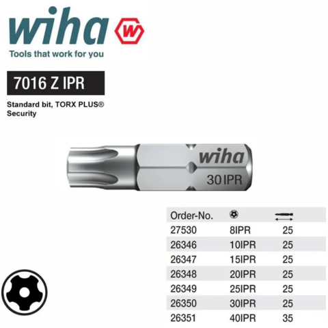 Бита T30IPR х25мм TORX PLUS (с отверстием, 5 вершин) Wiha 7016IPR 26350