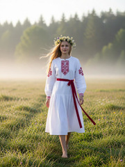 Славяночка. Платье льняное, белое в этностиле с вышивкой PL-422609