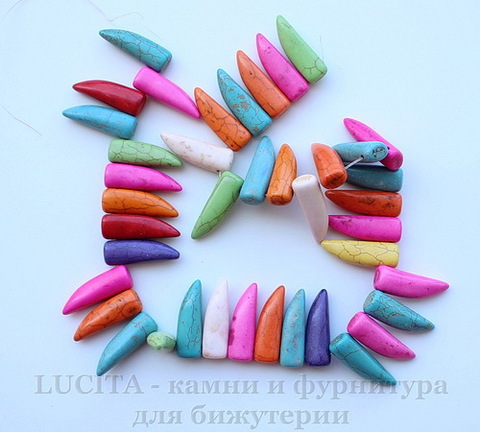 Бусина Бирюза (искусств, тониров), "Клык", цвет - микс, 30х10х8 мм, нить