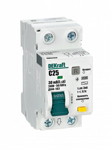 2п (1P+N) C 25А 30мА тип AC 4.5кА ДИФ-103 DEKraft