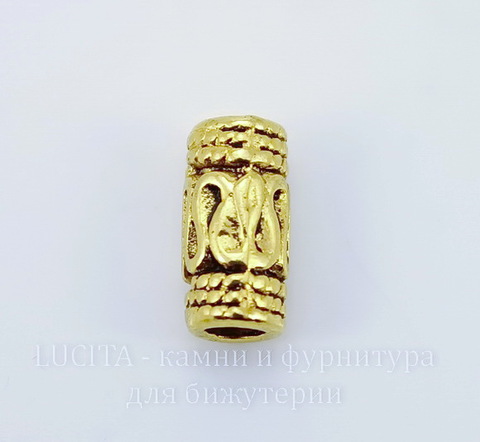 Бусина металлическая - трубочка с узором 10х5 мм (цвет - античное золото), 10 штук