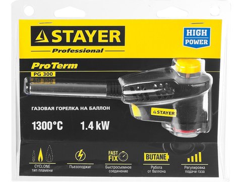 STAYER ProTerm Turbo PG400, 1300°C, турбо нагрев + 30%, газовая горелка с пьезоподжигом на баллон с цанговым соединением(55582)