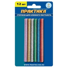 Клей для клеевого пистолета ПРАКТИКА цветные, 6 цветов,  металлик, 7 х 100 мм, 12шт / блис (649-349)