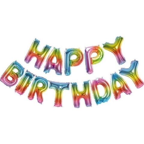 Растяжка из шаров: Буквы из фольги - С днем Рождения, Happy Birthday, градиент разноцветный яркий