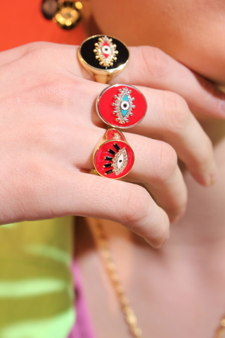 Кольцо-печатка Глаз, серебро 925, позолота 18k, красная эмаль 4