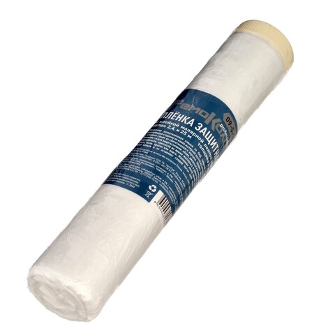 Пленка защитная с клейкой малярной лентой, прозрачная, HDPE, рулон 2,4х25м, толщина 8мкм (РемоКолор) 09-0-024