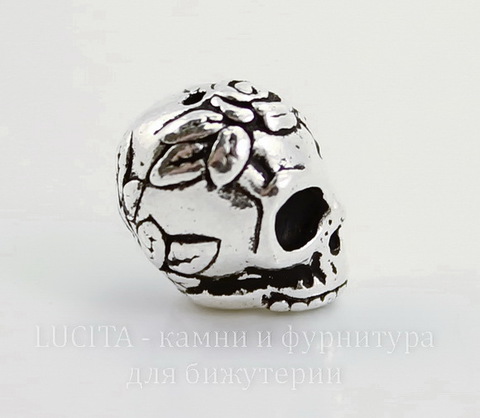 Бусина TierraCast "Череп с розой" 10х8 мм (цвет-античное серебро)