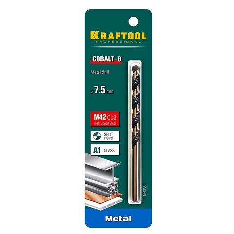 KRAFTOOL COBALT-8, 7.5 х 109 мм, сталь М42, HSS-Co(8%), сверло по металлу (29656-7.5)