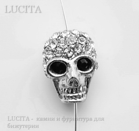 Бусина "Череп" со стразами (цвет - платина) 16х12х8 мм