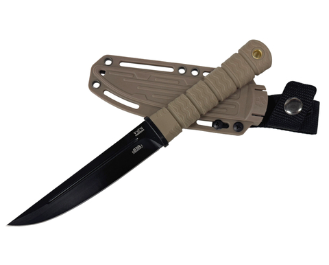 Нож туристический K838-1 VN PRO, сталь AUS8 титановое покрытие, рукоять Эластрон, бежевый MOLLE