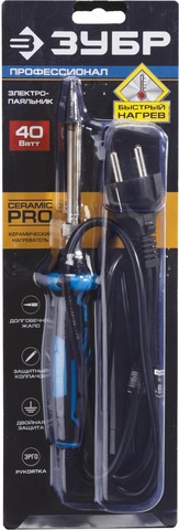 ЗУБР Ceramic PRO, 40 Вт, керамическим нагреватель, конус, 2-к рукояткой, электропаяльник с защитным колпачком, Профессионал (55413-40)