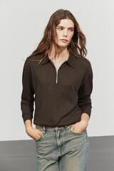 Massimo Dutti Вязаный свитер из шерстяной смеси с застежкой-молнией на четверть длины, шоколадно-коричневый