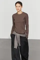 Massimo Dutti ФУТБОЛКА С ДЛИННЫМИ РУКАВАМИ ИЗ 100% ХЛОПКА, КОРИЧНЕВЫЙ