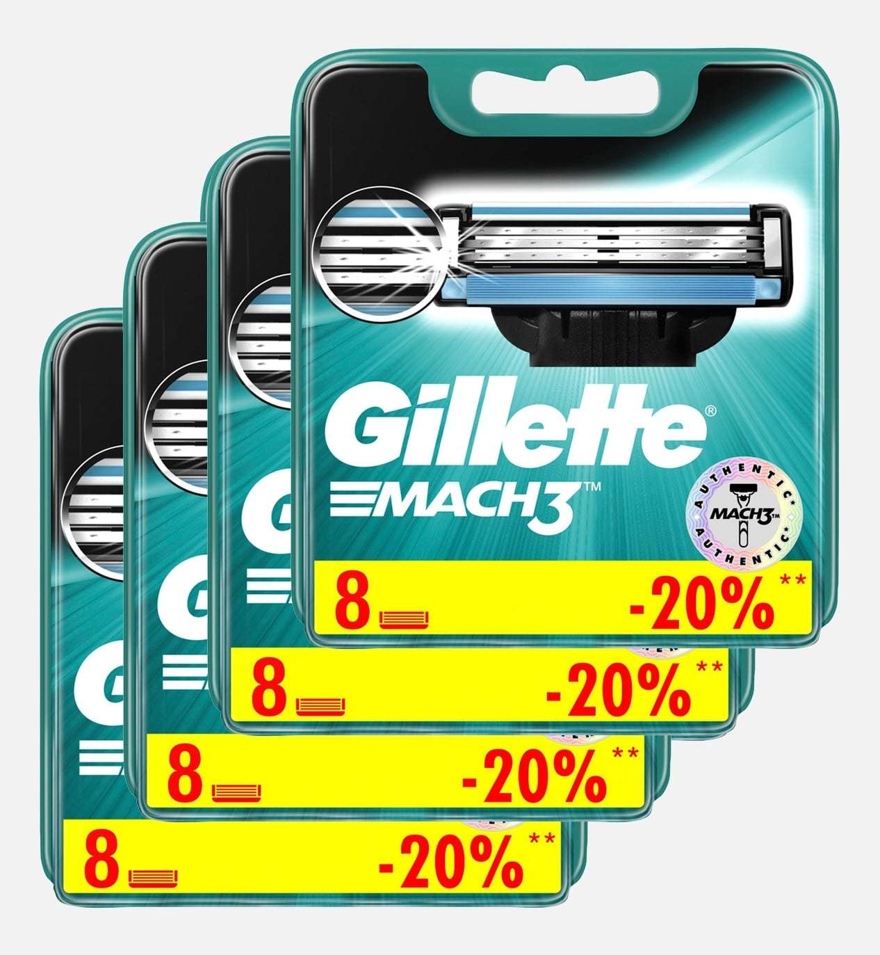 Сменные кассеты для бритья Gillette MACH3 комплект 4 по 8 (32 шт). Цена с учетом скидки 9%.
