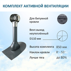Комплект активной вентиляции: Вентиляционный выход D110 не утепленный высота H=500 мм, проходной элемент для битумной кровли, турбодефлектор Ø 110 мм из нержавеющей стали, серый