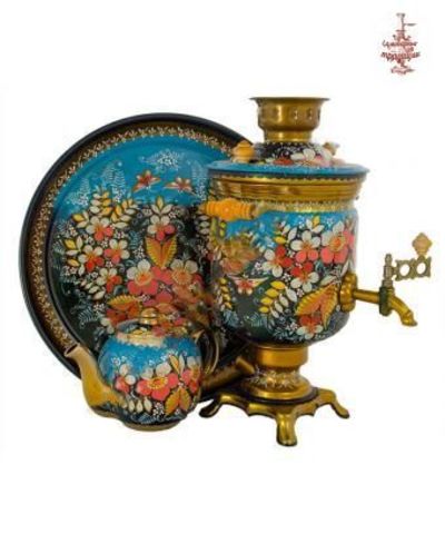 Электрический самовар «Сочная клубничка на голубом» формой банка 3 литра набор с подносом и чайником