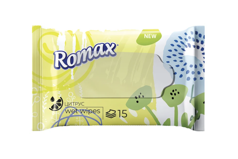 ROMAX Салфетки влажные гигиенические Цитрус ,15 шт.