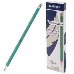
          Карандаш ч/г Alingar HB, пластиковый, эластичный, с ластиком, шестигранный, заточенный, цвет корпуса зеленый, 12 шт/уп, картонная упаковка