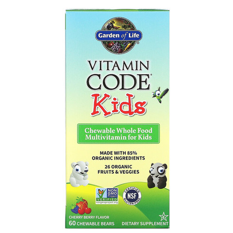 Garden of Life, Vitamin Code, для детей, жевательные цельнопищевые мультивитамины для детей, вишня, 60 жевательных мишек
