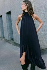 ZARA ПЛАТЬЕ МИДИ ХАЛТЕР С ВОЛАНОМ СНИЗУ, МОРСКОЙ СИНИЙ