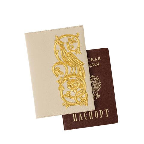 Обложка для паспорта «Райская птица» а10/64 бежевый / золото