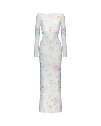 Монет макси (Monet maxi), платье макси из голубой сетки с цветочным принтом