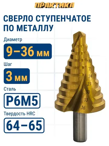 Сверло по металлу ступенчатое спиральное ПРАКТИКА 9-36мм, шаг 3мм, 3-х гран.хвост.10мм, ЭКСПЕРТ (793-787)