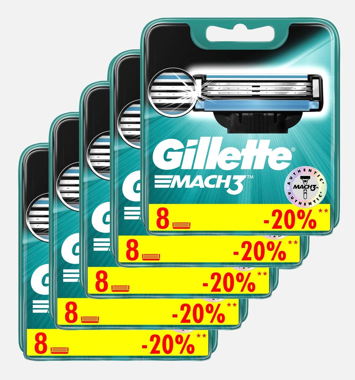 Сменные кассеты для бритья Gillette MACH3 комплект 5 по 8 (40 шт). Цена с учетом скидки 12%. (ХИТ ПРОДАЖ)