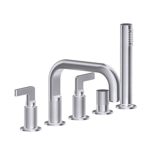 Gessi Inciso 58040#149 Смеситель для ванны на 5 отверстий с изливом, переключателем, ручным душем и шлангом 1,50 м, цвет: finox