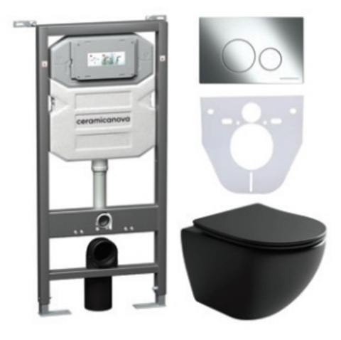 Ceramica Nova CN4002MB_1001CH_1000 Комплект: Подвесной унитаз + Шумоизоляционная панель для инсталляции + Система инсталляции для унитазов с кнопкой смыва