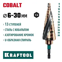 KRAFTOOL COBALT 6-30мм, 13 ступеней, азотирование, винтовая спираль, сверло ступенчатое(29691-6-30-13)