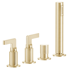Gessi Inciso 58043#246 Смеситель для ванны на 4 отверстия для наполнения через слив-перелив, переключатель, с ручным душем, цвет: золото фото
