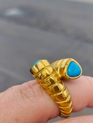 Кольцо крупное объемное с бирюзой цвет желтое золото