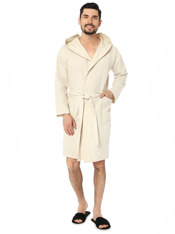 Халат бежевый LINEN льняной мужской с капюшоном